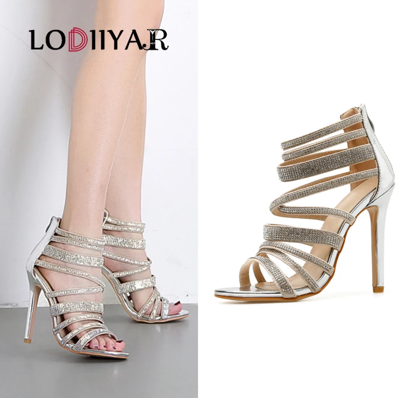 

Super High Heels Pumps Rhinestone Strappy Sandals With Zipper Party Wedding Dress Shoes For Ladies Silver Heels 11.5CM Plus Size
