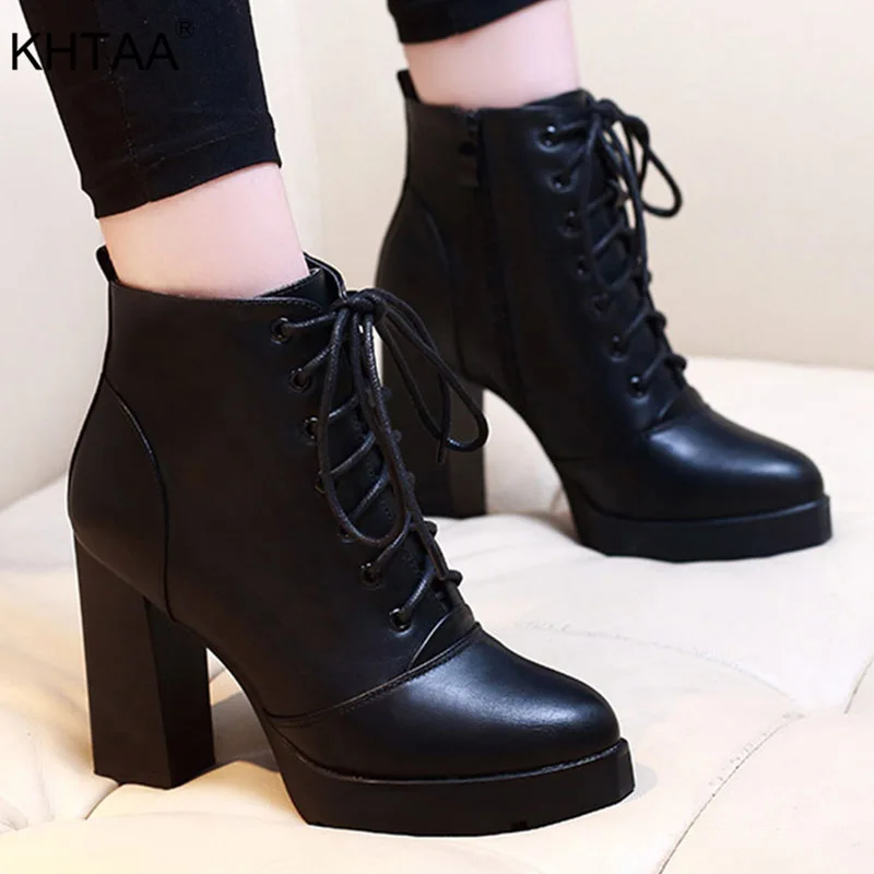 

KHTAA Women Autumn Lace Up Chunky Heel 2018 Ankle Boots Ladies Zip Fashion Platform High Heels Shoes Female Casual Martin Boot