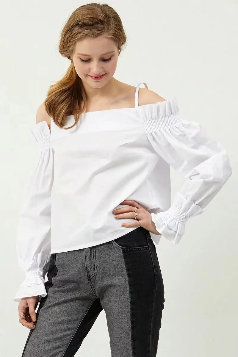 Blue And White Blouse Women Long Sleeves Fashion Back Split Collar