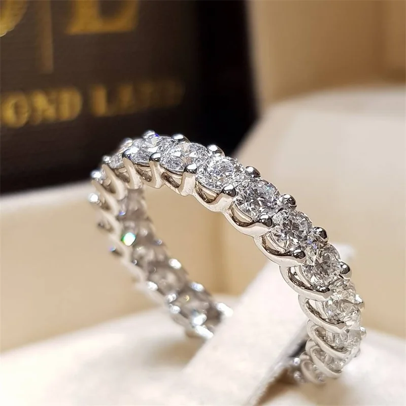 

FNIO Women Engagement Wedding Ring 4mm Round CZ Silver Zircon Eternity Ring Bands New Jewelry for Women