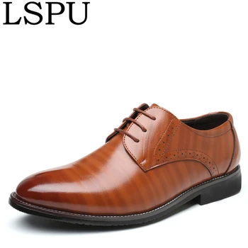 

Brand LSPU Plus Size 38-48 Pointed Toe Men Leather Shoes Lace Up Breathable Casual Flats Shoes Fashion Business Dress Shoes Men