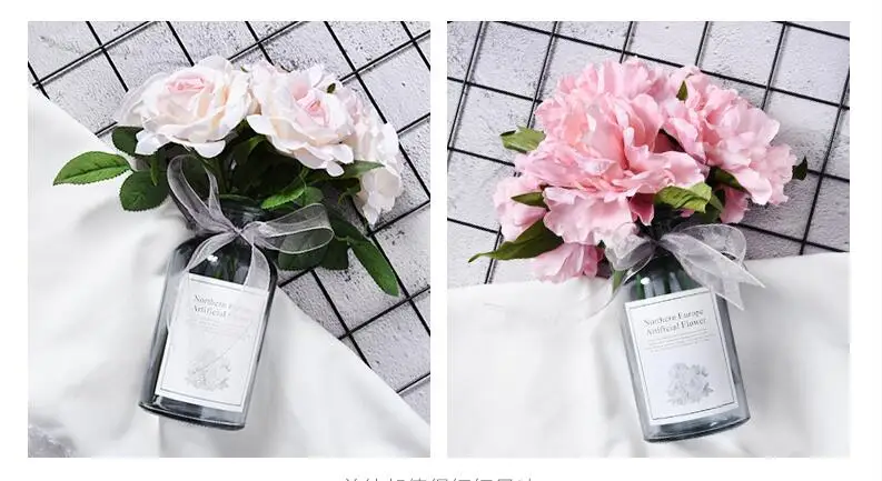 Скандинавские Ins стеклянная ваза+ имитация цветочных украшений, ремесла, офисный стол, поддельное цветочное украшение горшков для дома, гостиной, Настольная фигурка