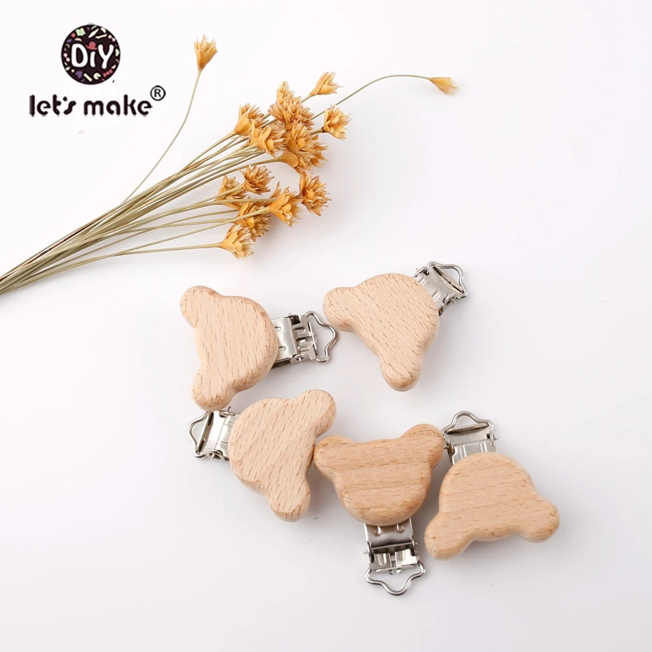 

Let's Make 25PCs Natural Beech Wooden Pacifier Bear Shape Metal Dummy Holder Round Teether Wooden Teething Pacifier Clip For Bab