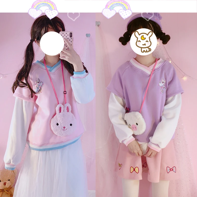 Harajuku kawaii Толстовка накладные 2 предмета Топ v-образным вырезом толстовки Пёс из мультфильма вышивка дух колледжа Сладкий Толстовка