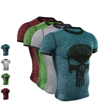 Высокая эластичная Мужская Спортивная Футболка с черепом, дышащая быстросохнущая одежда для тренировок, фитнес-колготки, мужские футболки для бега