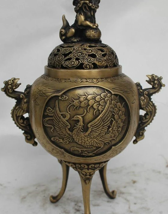

10"Chinese China Bronze Lion Dragon phoenix Statue Incense Burner Censer