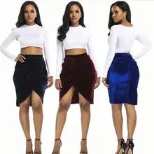 Женская бархатная юбка-карандаш длиной до колена, лето-Зима, стиль, высокая талия, сексуальная, для ночного клуба, тянущаяся, посылка на бедрах