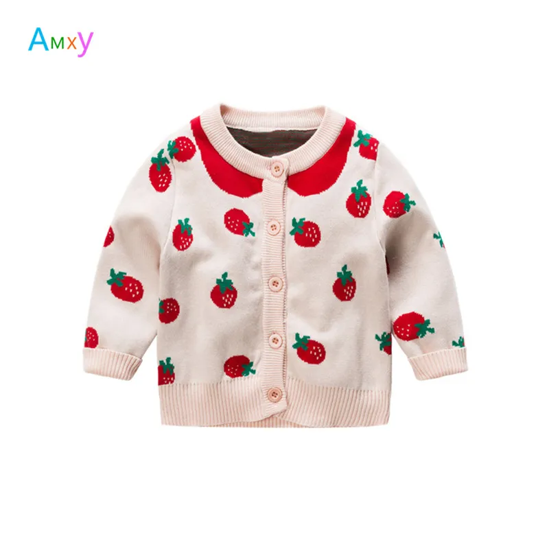 

2018 Spring Jumper Tops Girls Strawberry Jacquard Cotton Knitted Cardigan Jacket Baby Clothes Kids Single Breasted Sweater Coat