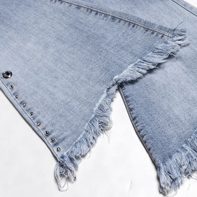 Новые прямые брюки с бахромой свободная Высокая Талия Slim Fit Брюки, Джинсы с яркой отделкой в Корейском стиле длинные брюки Одежда высшего качества штаны с заклепками