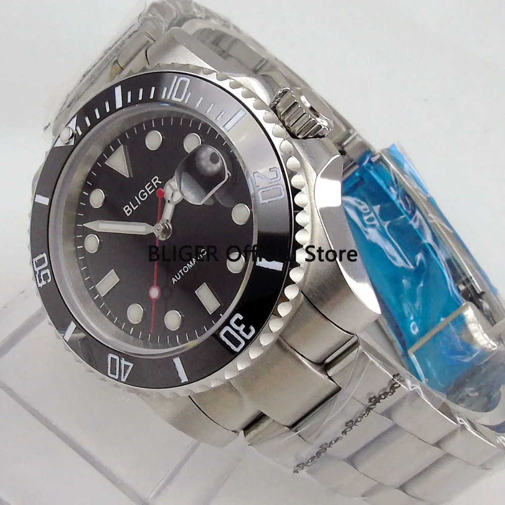  BLIGER 40mm Black Dial Ceramic Bezel Auto Date Sapphire Luminous Mark Stainless Steel Band MIYOTA A
