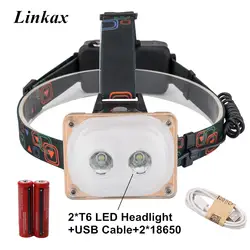 Мощные светодиодные фары инновационные Дизайн USB Перезаряжаемые 2 * XML-T6 светодиодные фары голову лампы Фонари с 18650 Батарея кабель USB