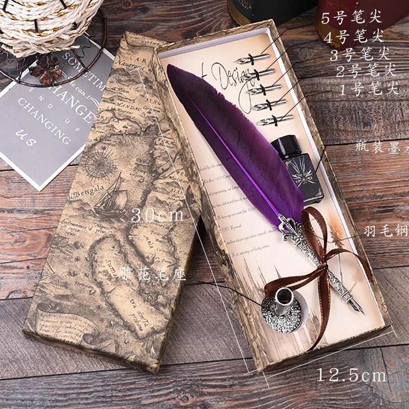 

Antique Quill Feather Dip Pen Writing Ink Set Stationery Gift Box with 5 Nib Wedding Gift Quill Pen Fountain Pen Mother's Day