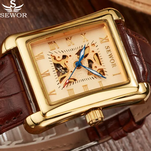 

SEWOR Luxury Brand Rectangle Gold Skeleton Mechanical Watch Men Leather Wristwatch Men Casual Business Watch Relogio Masculino