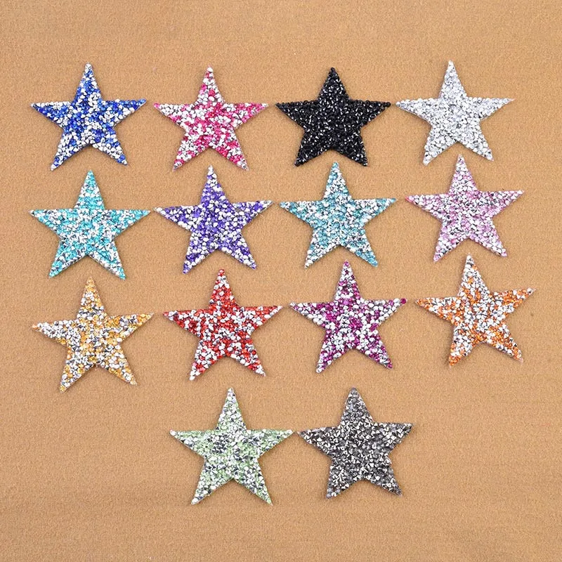 

Colorful Stars Rhinestones Patches For Clothes 6cm Width Sewing On Embroidered Applique DIY Sticker For Wedding Dress Patches