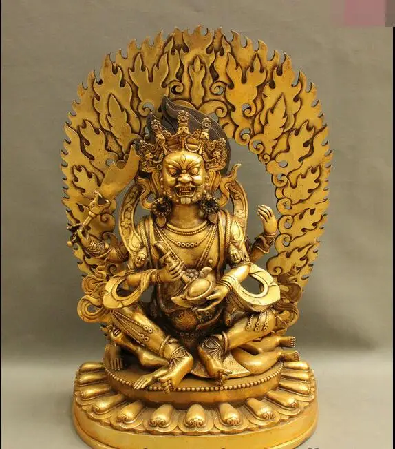 

27" Folk Chinese Tibet Bronze Buddhism Phurpa 4 Arms Mahakala Buddha Statue Set