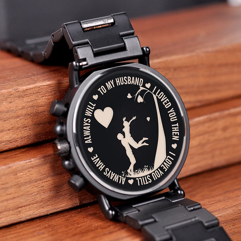 BOBO BIRD Engraved Wood Watch Personalized Customize Men Wristwatches Wood & Stainless Steel Band Father's Gift Anniversary Gift