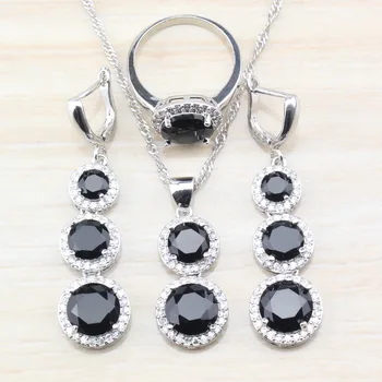

2019 Hot Selling 925 Sterling Silver Black Zircon Round Women Jewelry Sets Long Earrings/Necklace&Pendant/Ring Size 6/7/8/9/10