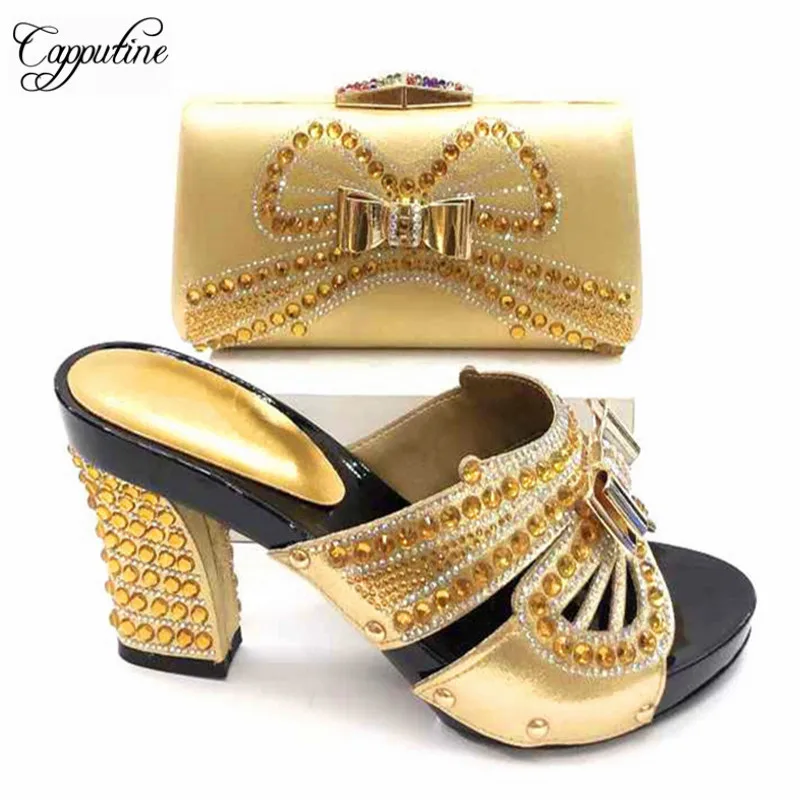 

Capputine New Design African Women Shoes And Bag Sets Italian PU With Rhinestones Pumps Shoes With Matching Bags For Party