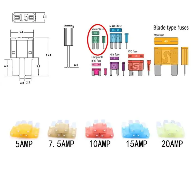 15 шт. Micro2 предохранители 5A 7.5A 10A 15A 20A Авто Лезвие Предохранитель Ассортимент Комплект Замена для авто транспортных средств