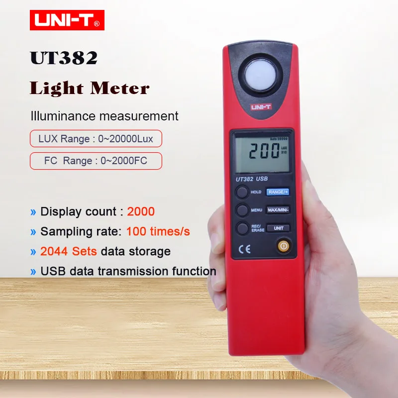

UNI-T UT382 Light Meter Auto range Digital Light Meter 20-20000 Lux Luxmeter Data hold Digital Illuminometer USB interface