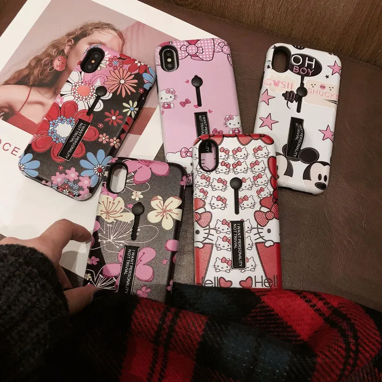 Goede 10 stks partij Nieuwigheid Oh Jongen Mickey Kitty Reli euml;f Ring Houder Stand Cover Telefoon Case Voor iPhoneX 8 6 s 7 plus Body Bescherming