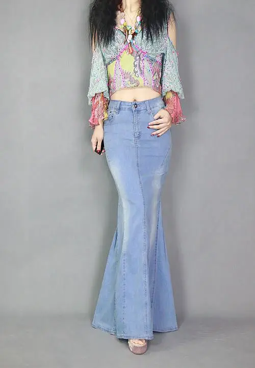 Модные весенне-осенние женские стильные юбки с рыбий хвост, повседневные длинные юбки макси с высокой талией, женские синие джинсовые юбки, длинные джинсовые юбки