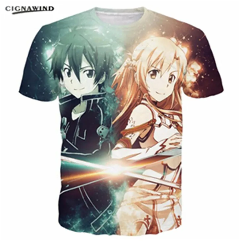 Новые летние модные футболки в стиле аниме Харадзюку SAO Kirito and Yuuki Asuna с 3D принтом