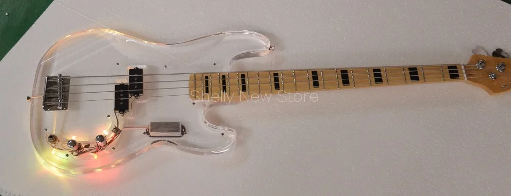 

Shelly new store factory custom acrylic 4 strings P bass LED light Jazz precision black square inlay electric bass guitar