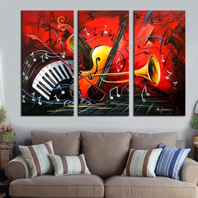 

Crazy Musical Instrument Modern Wall Art Decor Pictures Hand Painted Oil Painting on Canvas for Home Decor 3 Panel Unframed