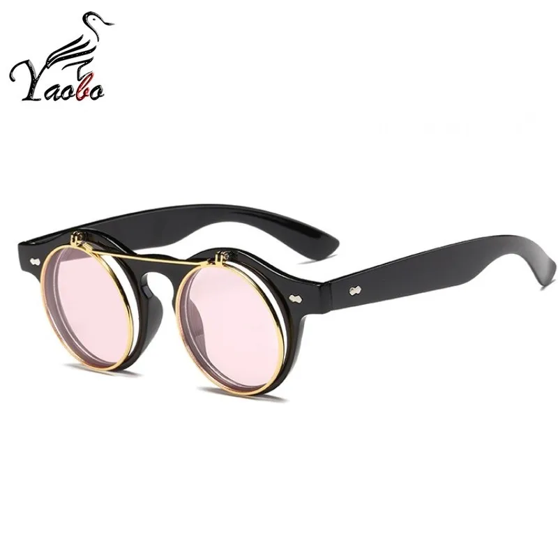 Модные Винтажные круглые солнцезащитные очки в стиле стимпанк, классические двухслойные дизайнерские солнцезащитные очки - Цвет линз: BLACK PINK