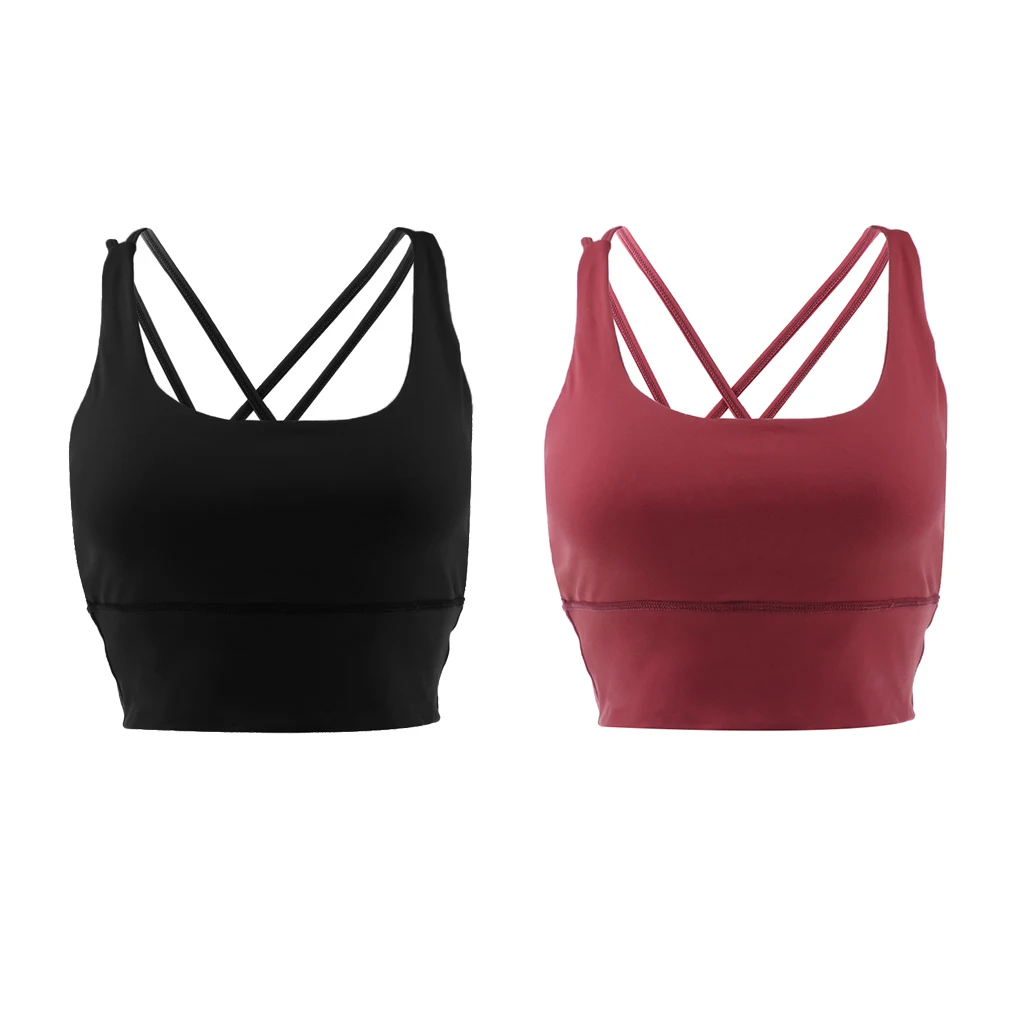 Womens Push-up Padded Strappy Sports Bra Top Cross Back Wirefree Fitness Vest Unremovable Padded Wireless Tops Lady Underwear
