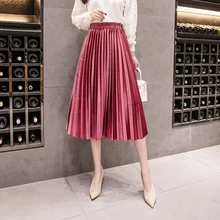 Осень-зима, Вельветовая юбка, высокая талия, обтягивающие, большие, Свинг, длинные, плиссированные юбки, металлик, 18 цветов, размера плюс, 3XL, миди, Saia