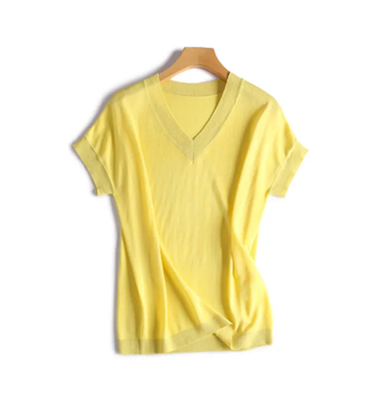 Шелк модал смесь v-образным вырезом нить вязать женщин Мода Твердые breif тонкая футболка футболки короткий рукав розовый 7 цветов один и более размер