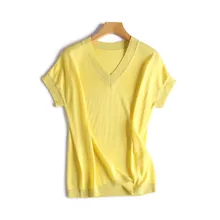 Шелк модал смесь v-образным вырезом нить вязать женщин Мода Твердые breif тонкая футболка футболки короткий рукав розовый 7 цветов один и более размер