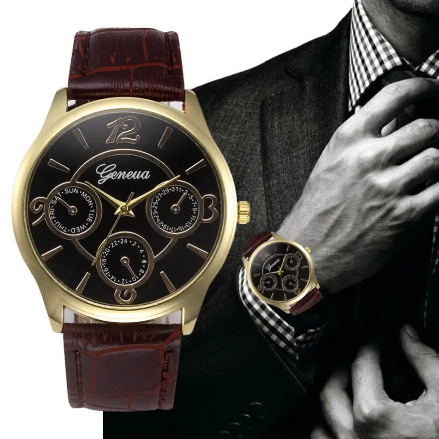 Geneva Watches Men Fashion Leather Band Quartz Wrist Watch Business