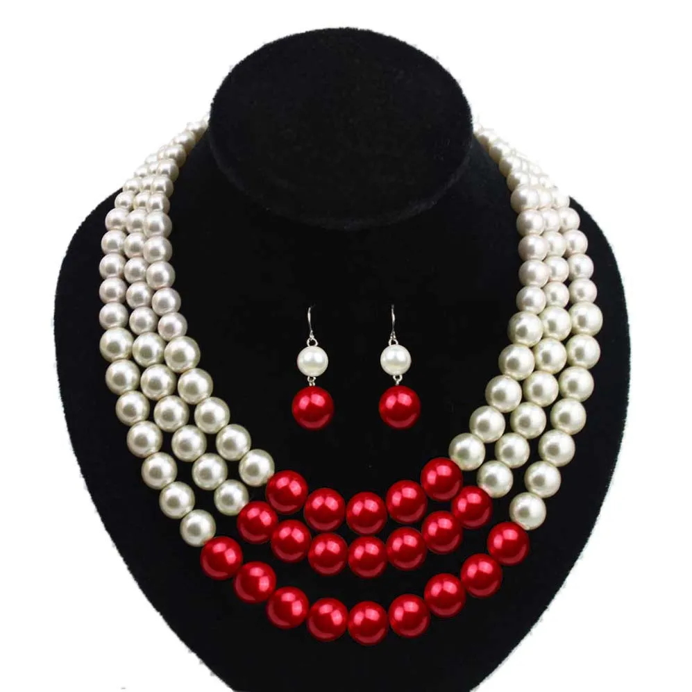 На заказ, многослойные жемчужные бусы, женское ожерелье, серьги, ювелирный набор, три нити, розовый, зеленый, бисерное жемчужное ожерелье - Окраска металла: Red W white