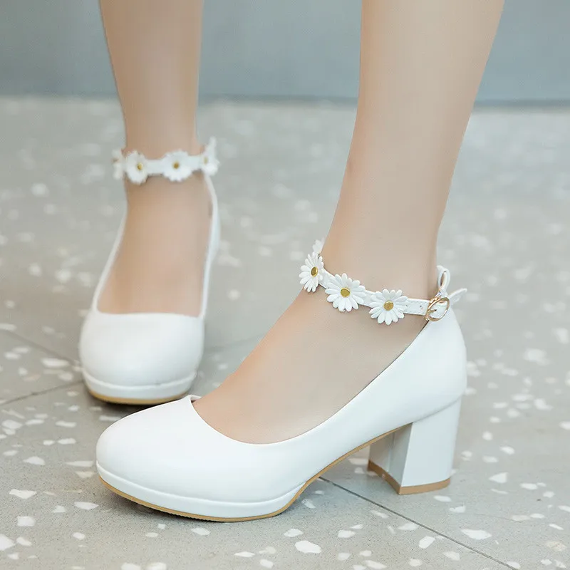 

YMECHIC 2019 White Pink Blue Block High Heel Shoes Pumps Womens Shoes Ankle Strap Wedding Shoes Large Size Office Ladies Pumps