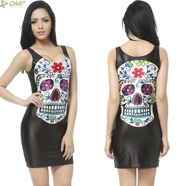 sugar skulls print punk women mini dress slim bodycon vestidos