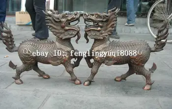 

chinese red bronze Copper Kirin Foo Dog kylin Lions sculpture statue pair