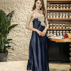 Женская сексуальная шелковая атласная ночная рубашка Длинное ночное платье кружевная ночная рубашка Летняя ночная рубашка с v-образным