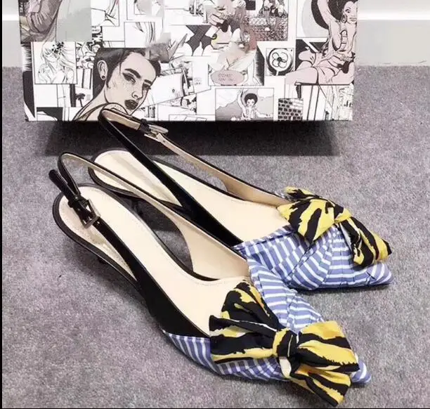 

New shallow mouth striped strap bow baotou sandals women wear a word with sexy pointed stiletto heels