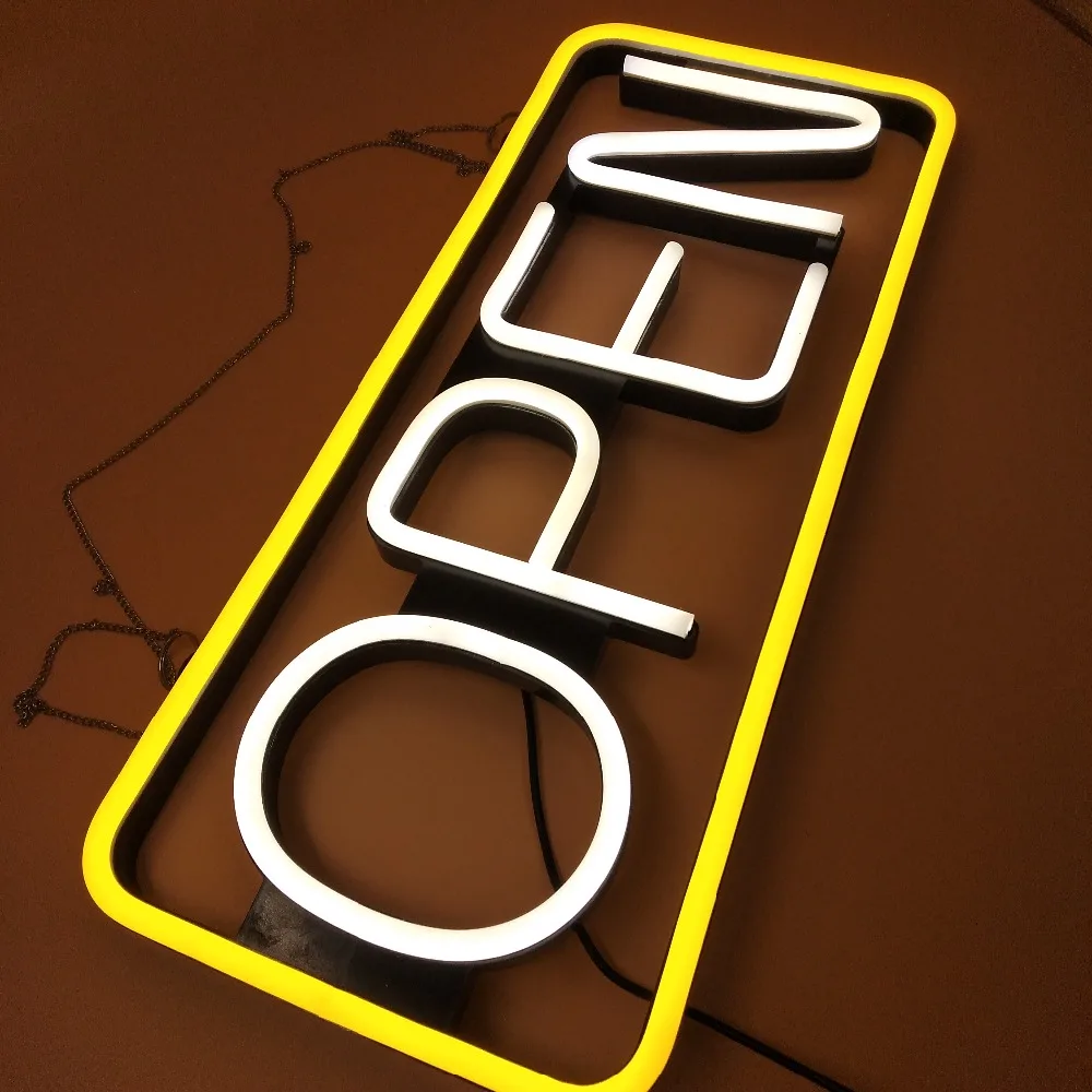 

Hot selling fashion Worlddeco yellow and white led neno open sign light
