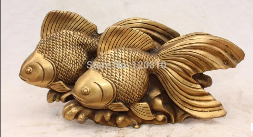 

14" Chinese Bronze Carved Double 2 Jump Gold Fish Goldfish Animal States statue