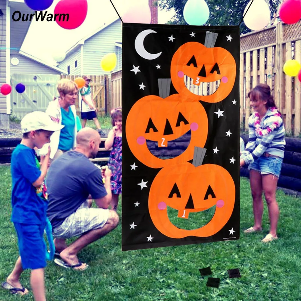 ourwarm pumpkin hanging toss game with 3 bean bags for adults kids halloween party decor funny halloween decoration props