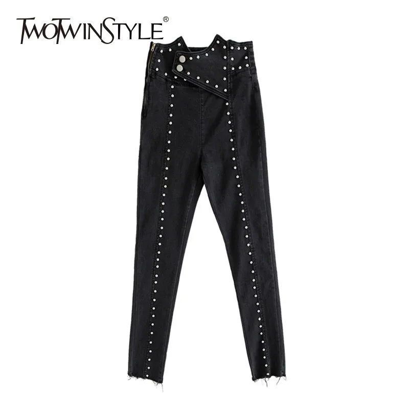 black TWOTWINSTYLE женские джинсовые брюки с тяжелыми заклепками в стиле пэтчворк, с высокой талией, с неровной длиной до щиколотки, женские джинсы, уличная мода - Цвет: black