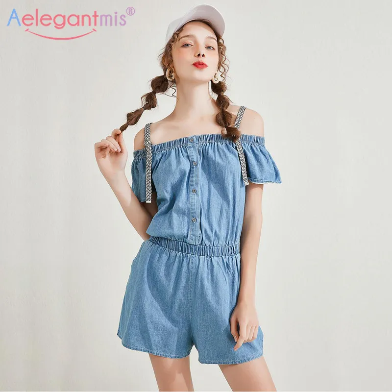 

Aelegantmis 2019 New Denim Playsuits Women Fashion High Street Jumpsuits Lady Solid Button Playsuits Summer