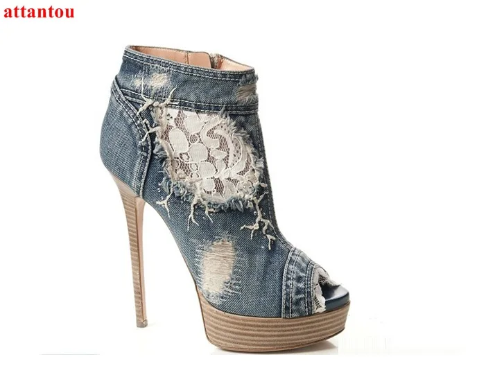 

Blue Denim Women Ankle Boots Embroidery Lace Decor Short Boots Peep Toe Thin heel Female High heels Retro Style Dress Shoes