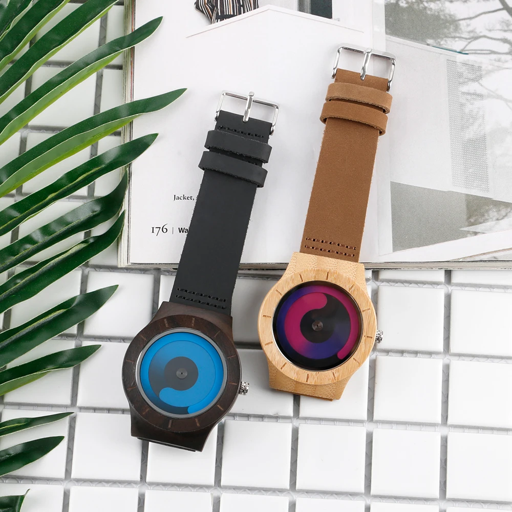 YISUYA Blue Turntable Men's Bamboo Wooden Wrist Watch Women Unisex Quartz Novel Wood Clock Genuine Leather Band Strap Watch Gift (24)