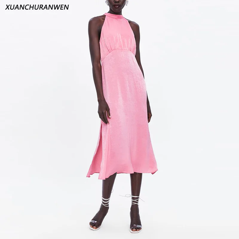

Fashion Women Strapless Halter Dress Sleeveless Slim Hollow Out Mid Calf Split Dress Ladies Elegant Party Dress XB9350
