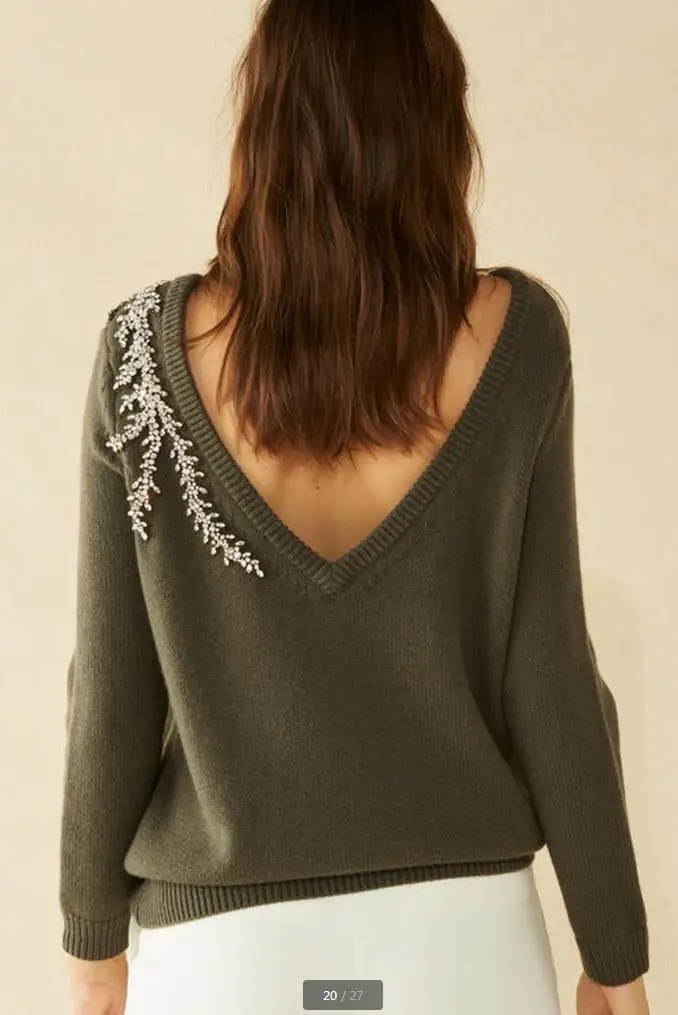 

2019 Luxury diamond beading cashmere woolen Sweater female deep V-neck Crystals Beading Knitwear Sweaters Pullover tops wq887